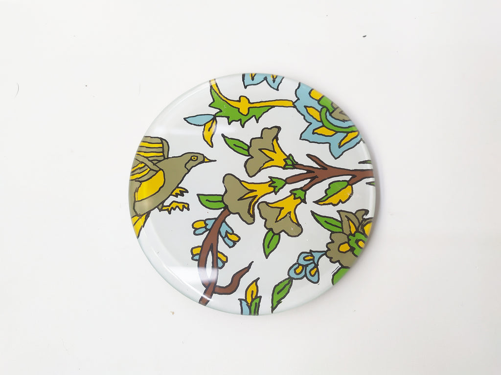 Reverse hand painted mirror and glass coaster with bird pattern