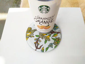 Reverse hand painted mirror and glass coaster with bird pattern , with starbuck cup