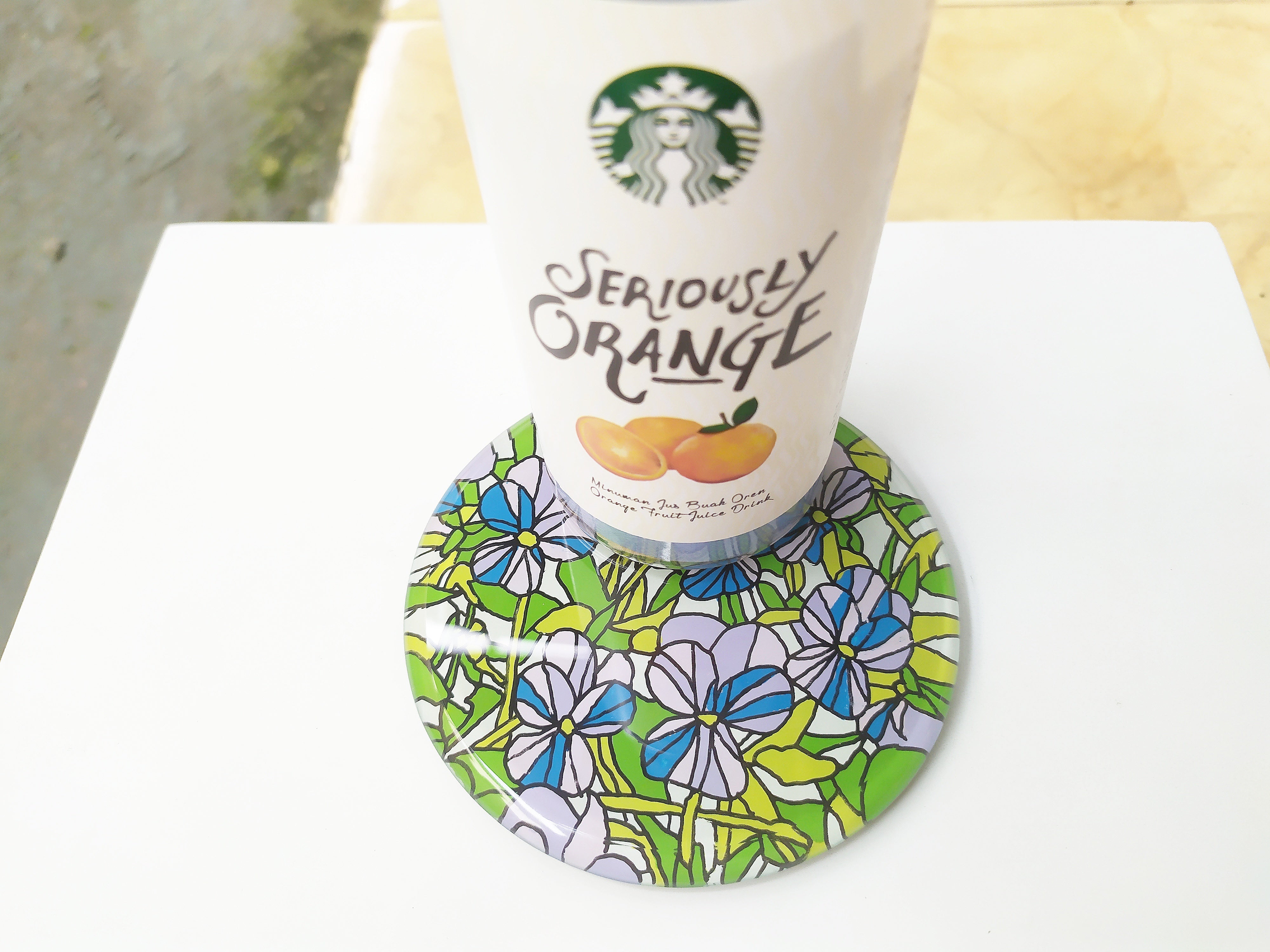 Reverse hand painted mirror and glass coaster with flower pattern , with starbuck cup
