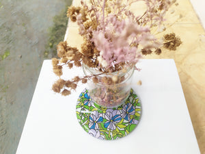 Reverse hand painted mirror and glass coaster with flower pattern , with dry leaves