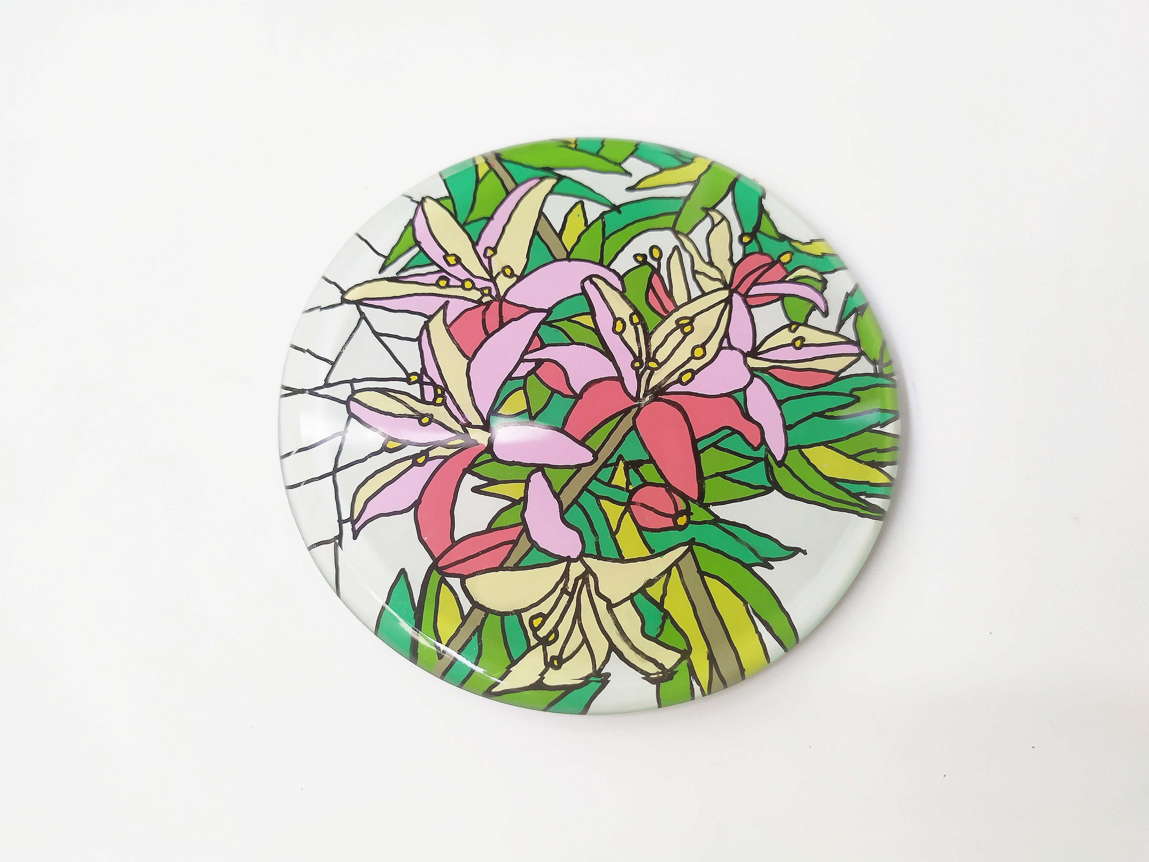 Reverse Painted Lilly round mirror coaster