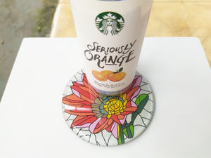 Hand Painted Red Lotus round mirror coaster , with starbucks cup