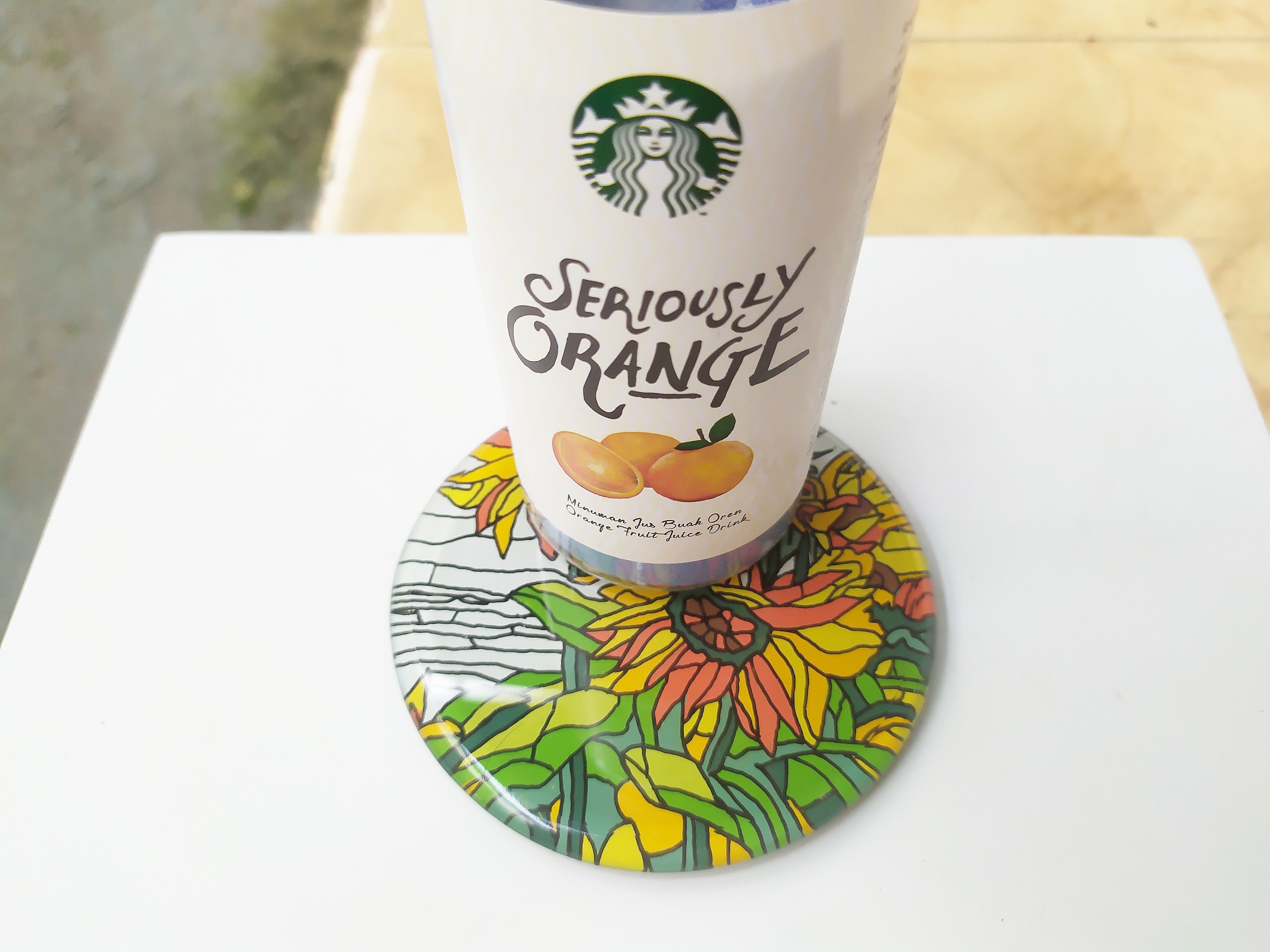 Hand Painted Yellow Sunflower round mirror coaster , with starbucks cup
