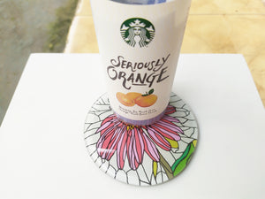Hand Painted Poppy round mirror coaster , with starbucks cup