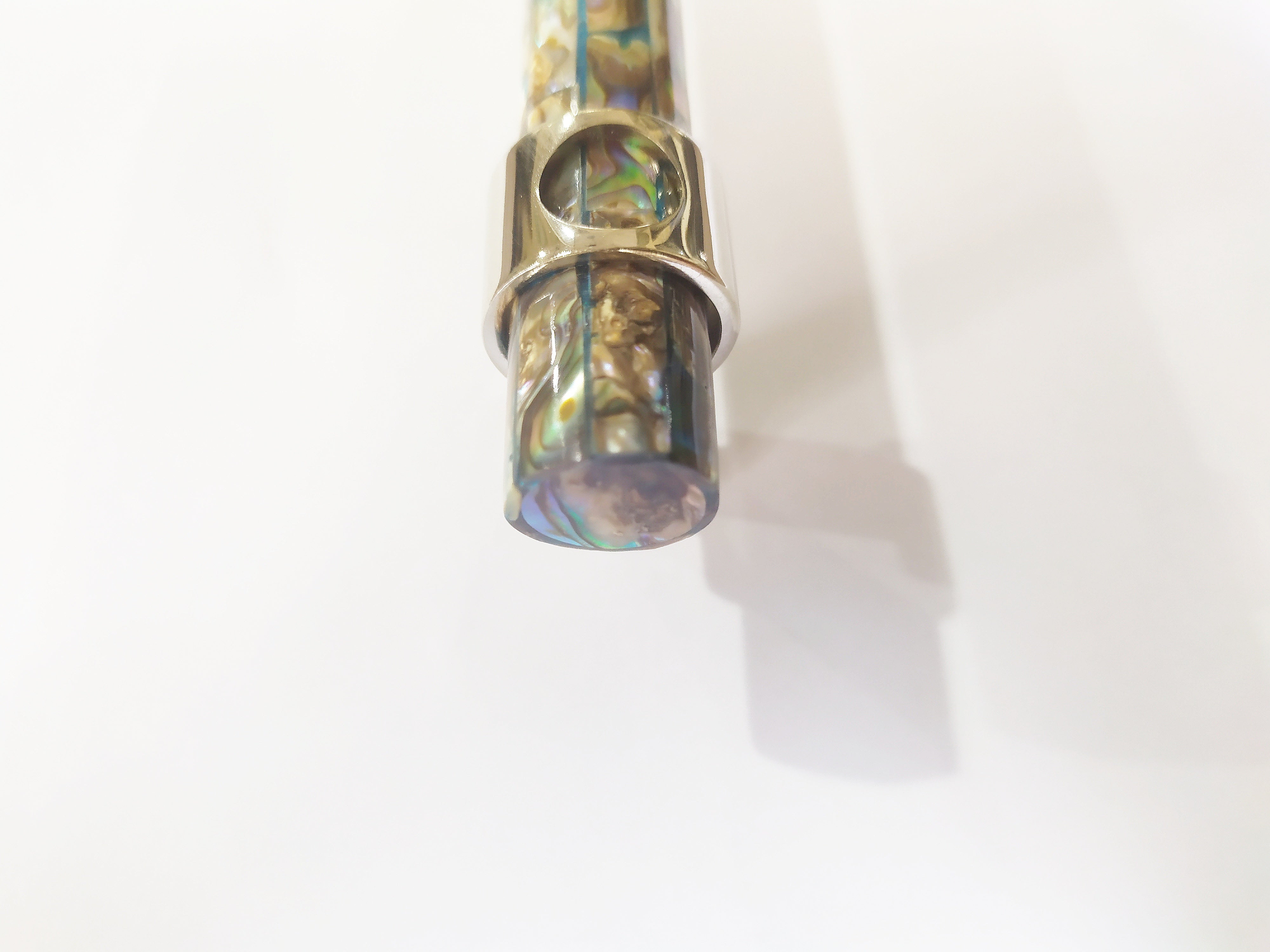 Inlaid mosaic abalone long tube handle pull in nickel plating , side view , zoomed for details