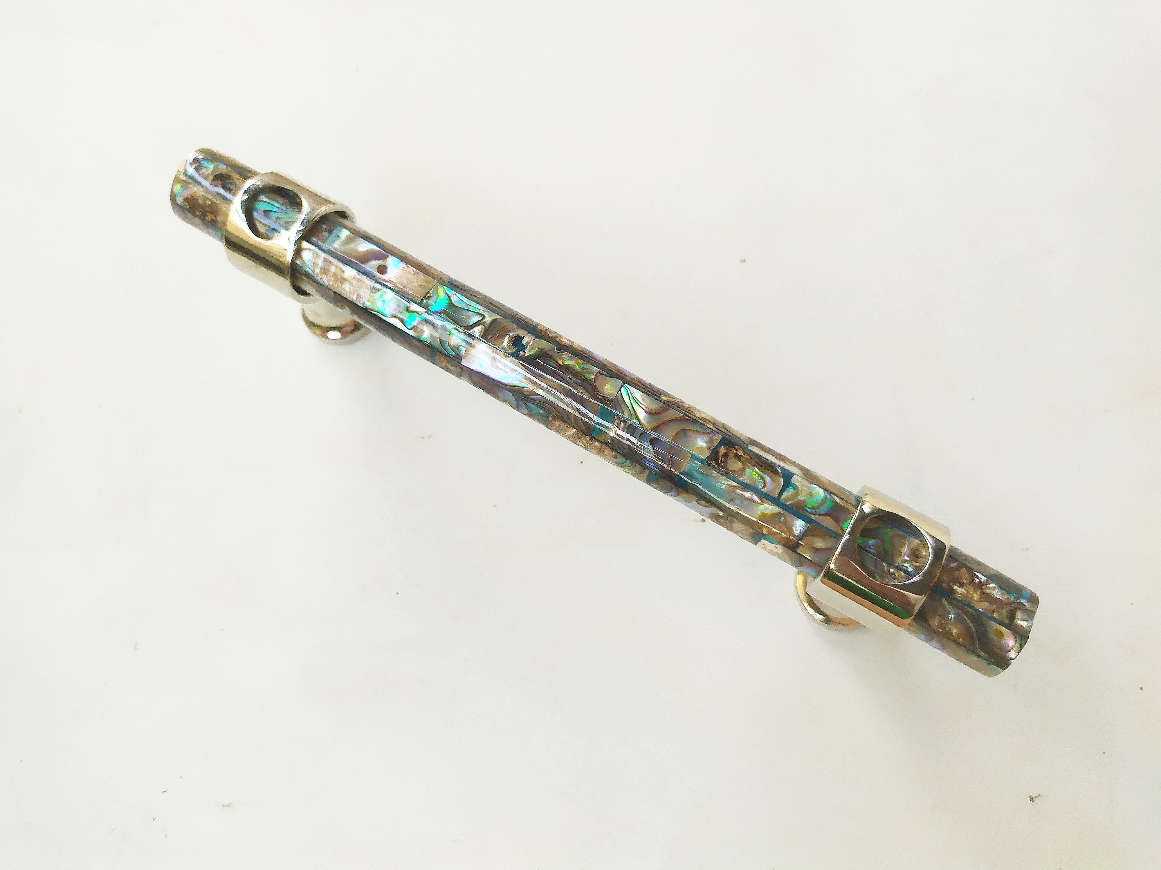 Inlaid mosaic abalone long tube handle pull in nickel plating , top view