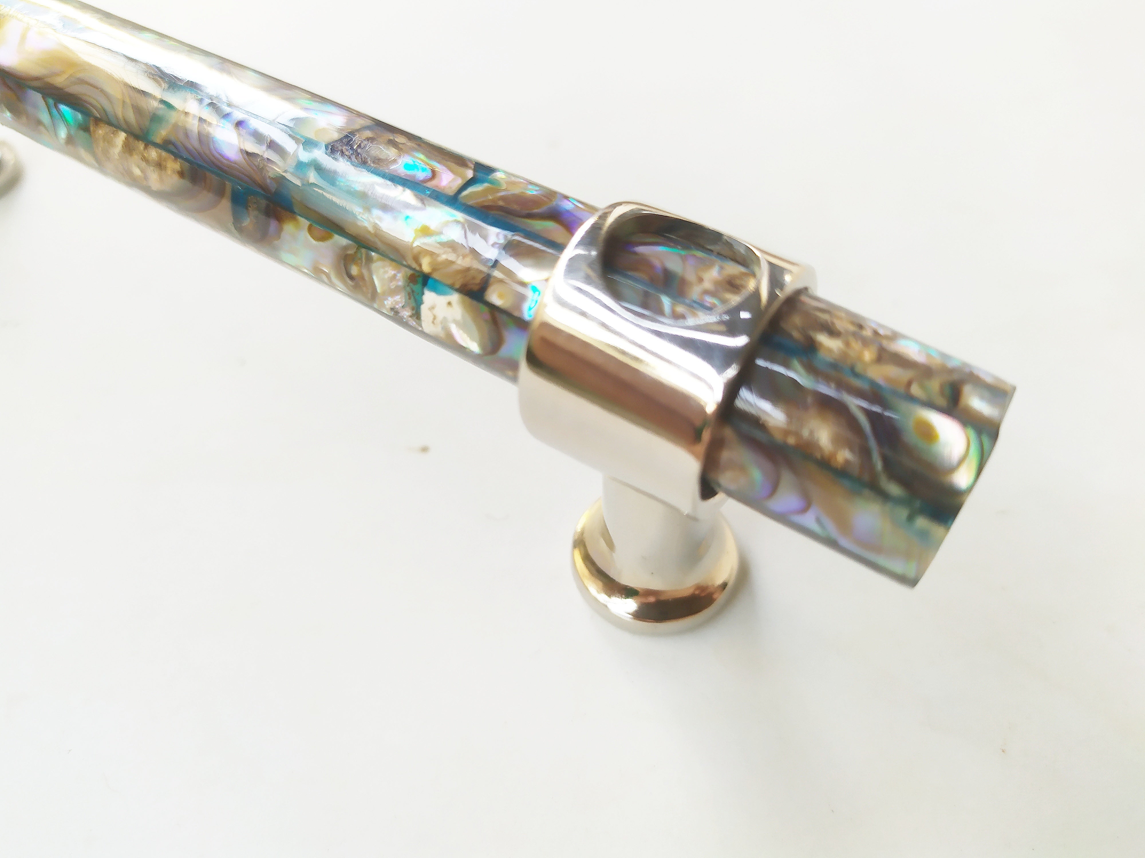 Inlaid mosaic abalone long tube handle pull in nickel plating , zoomed for details